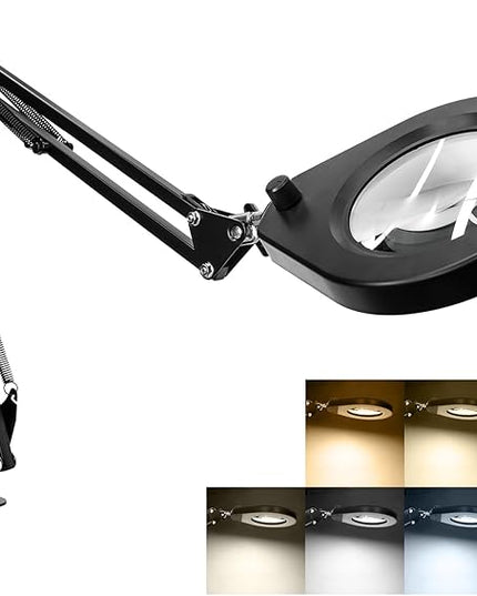 Magnifying Glass with Light and Clamp, 10X Real Glass / 2.5'' Opening Clamp/Lighted Magnifying Glass in 5-Color 10-Level Dimmable/Postioned by Swing Arm/for Close Work Hobbies Precision Tasks - LeafyLoom