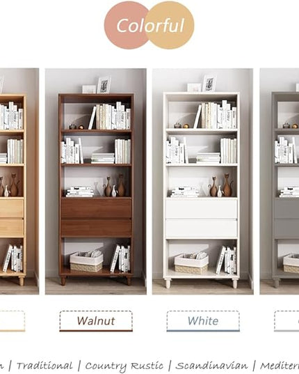 IOTXY Floorstanding Wooden Bookcase with Legs - 67" Tall Open Shelves Cube Billy Bookshelf with Drawers for Home and Office, Grey - LeafyLoom