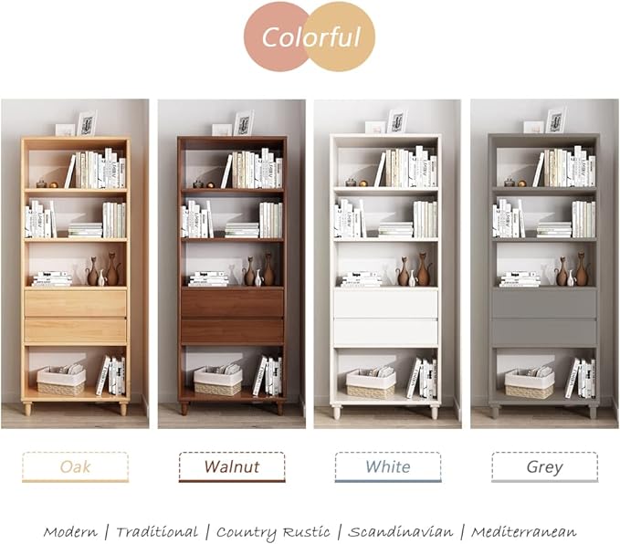 IOTXY Floorstanding Wooden Bookcase with Legs - 67" Tall Open Shelves Cube Billy Bookshelf with Drawers for Home and Office, White - LeafyLoom