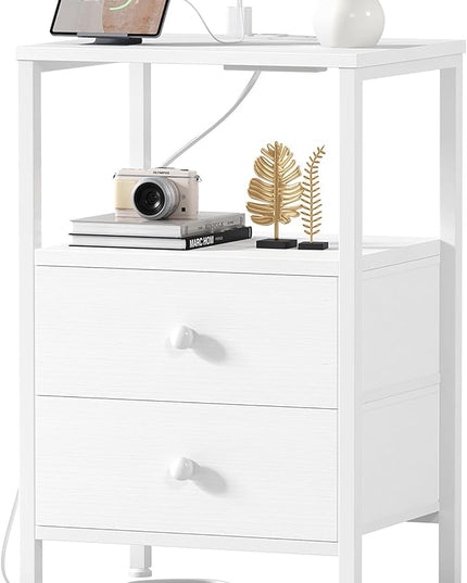White Night Stand with Charging Station and USB Ports, Small Nightstand with Drawers and Shelf Storage End Table for Bedroom, Dorm, Modern Bedside Table - LeafyLoom