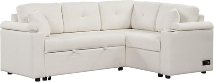 87.4" L-Shape Sectional Sleeper Sofa with Chaise &Pull-out bed, Boucle Upholstered Couch w/USB Ports, Power Sockets and Built-in Cup Holder, for Living Room, Apartment, 87.4 Inch, Beige - LeafyLoom