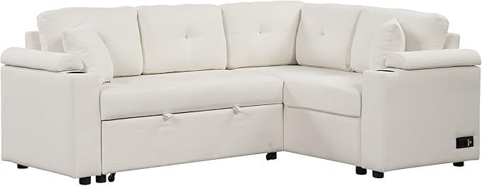 87.4" L-Shape Sectional Sleeper Sofa with Chaise &Pull-out bed, Boucle Upholstered Couch w/USB Ports, Power Sockets and Built-in Cup Holder, for Living Room, Apartment, 87.4 Inch, Beige - LeafyLoom