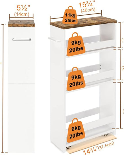 TEAMIX 4 Tier White Slim Storage Cart with Handle, Slide Out Storage Rolling Utility Cart Mobile Shelving Unit Organizer Trolley for Small Spaces Kitchen Laundry Narrow Places - LeafyLoom