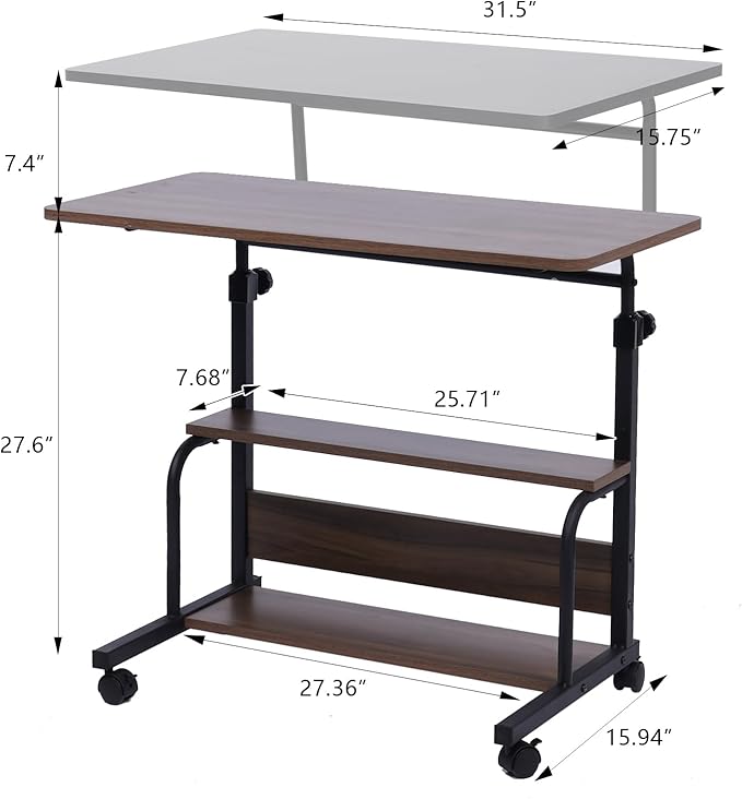 Portable Desk Small Desks for Small Spaces Laptop Table Brown Rolling Adjustable Desk on Wheels Mobile Couch Desk for Bedroom Home Office Computer Standing Desk Student Desk with Storage 32x16 Inch - LeafyLoom