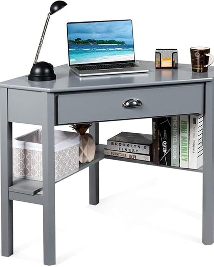 Nightcore Small, Wood Computer Desk, Compact Writing w/Drawer & Storage Shelves, Space Saving Study Workstation, Laptop PC Corner Table, Grey - LeafyLoom
