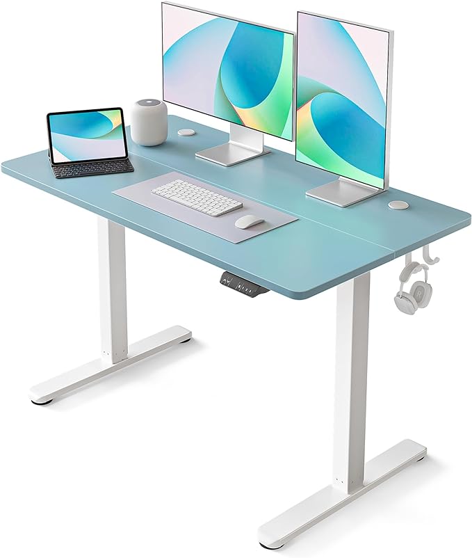 FEZIBO Height Adjustable Electric Standing Desk, 48 x 24 Inches Stand up Table, Sit Stand Home Office Desk with Splice Board, Blue - LeafyLoom