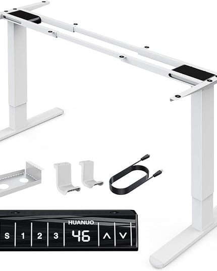 HUANUO 265 lbs Dual Motor Electric Standing Desk Frame, Thick T-Shaped Desk Legs Made of Automotive-Grade Steel, for Max 90″ x 31.5″ Desktop, Height Adjustable Desk Frame for Home Office, Frame Only - LeafyLoom