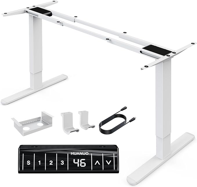 HUANUO 265 lbs Dual Motor Electric Standing Desk Frame, Thick T-Shaped Desk Legs Made of Automotive-Grade Steel, for Max 90″ x 31.5″ Desktop, Height Adjustable Desk Frame for Home Office, Frame Only - LeafyLoom