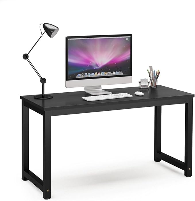 Tribesigns Computer Desk, 55 inch Large Office Desk Computer Table Study Writing Desk for Home Office, Black + Black Leg - LeafyLoom