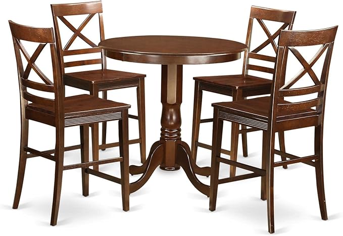 East West Furniture JAQU5-MAH-W 5 Piece Kitchen Counter Set Includes a Round Dining Room Table with Pedestal and 4 Dining Chairs, 36x36 Inch, Mahogany - LeafyLoom