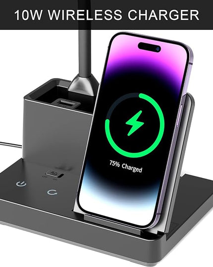 Desk Lamp with Wireless Charger USB Charging Port, Eye-Caring Desk Lamp for Home Office with Pen Holder, Dimmable Table Lamps 3 Color Modes - LeafyLoom