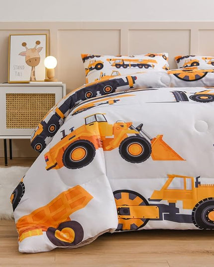 NTBED Construction Truck Comforter Set for Boys Kids Vehicles Excavator Cars Lightweight Microfiber Bedding Sets (White,Full) - LeafyLoom