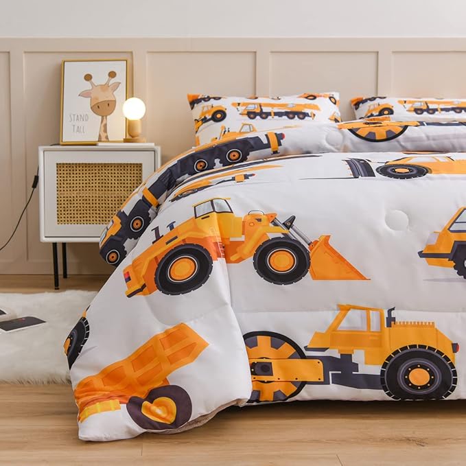 NTBED Construction Truck Comforter Set for Boys Kids Vehicles Excavator Cars Lightweight Microfiber Bedding Sets (White,Full) - LeafyLoom