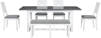 6-Piece Dining Set, Wood Extendable 78inch Kitchen Table with 18" Butterfly Leaf, 4 Upholstered Chairs & Long Bench, Dark Gray+White, 60"-78" L x 36" W x 30" H - LeafyLoom