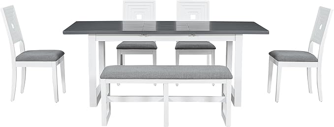 6-Piece Dining Set, Wood Extendable 78inch Kitchen Table with 18" Butterfly Leaf, 4 Upholstered Chairs & Long Bench, Dark Gray+White, 60"-78" L x 36" W x 30" H - LeafyLoom