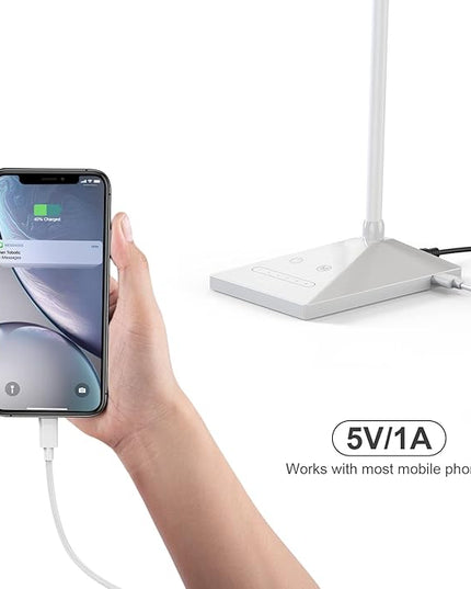 LED Desk Lamp Eye-Caring Table Lamps with USB Charging Port,7 Brightness Levels & 5 Color Modes,Touch Control and Memory Function, Flexible Gooseneck Reading Lamp for Home Office, White - LeafyLoom