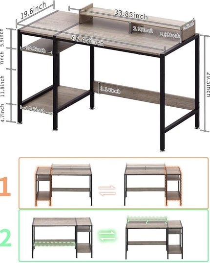 Computer Desk - 47” Gaming Desk, Home Office Desk with Storage, Small Desk with Monitor Stand, Writing Desk for 2 Monitors, Adjustable Storage Space, Modern Design Corner Table - LeafyLoom