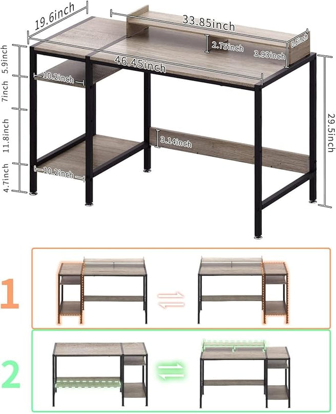 Computer Desk - 47” Gaming Desk, Home Office Desk with Storage, Small Desk with Monitor Stand, Writing Desk for 2 Monitors, Adjustable Storage Space, Modern Design Corner Table - LeafyLoom