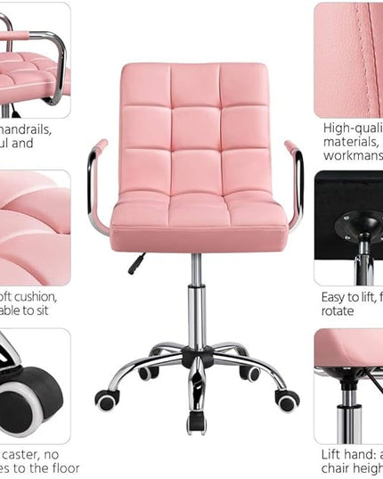 Yaheetech Desk Chairs with Wheels/Armrests Modern PU Leather Office Chair Height Adjustable Home Computer Executive Chair on Wheels 360° Swivel - Pink - LeafyLoom