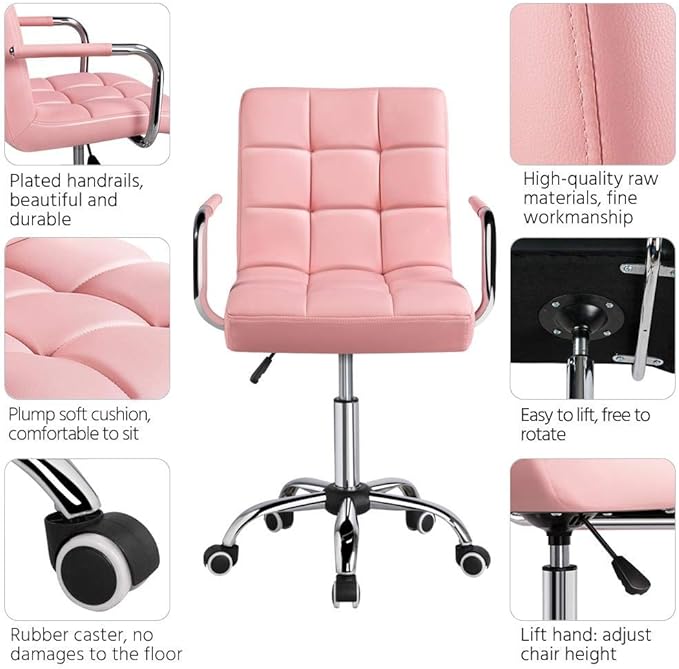 Yaheetech Desk Chairs with Wheels/Armrests Modern PU Leather Office Chair Height Adjustable Home Computer Executive Chair on Wheels 360° Swivel - Pink - LeafyLoom