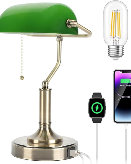 Bankers Lamp, Green Desk Lamp with Pull Chain Switch, Retro Lamp with USB and Type C Charging Ports, Vintage Lamp for Home Office, Piano, Library, LED Bulb Included (Retro) - LeafyLoom