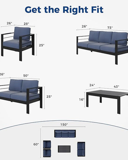 Wisteria Lane Aluminum Outdoor Patio Furniture Set, Modern Patio Conversation Sets, Outdoor Sectional Metal Sofa with 5 Inch Cushion and Coffee Table for Balcony, Garden, Black Frame and Blue Cushion - LeafyLoom