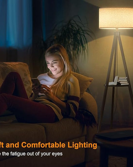 LEPOWER Tripod Floor Lamp, Mid Century Wood Standing Lamp, Modern Design Shelf Floor Lamp for Living Room, Bedroom, Office, Flaxen Lamp Shade with E26 Lamp Base Dark Brown - LeafyLoom