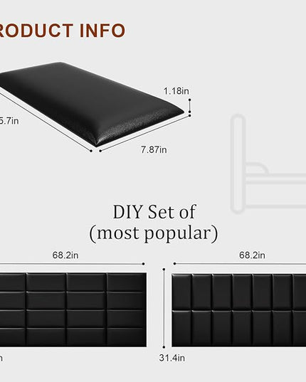 Peel and Stick Headboard Black Upholstered Wall Panels, 6 Panels Sized 7.8" x 15.7", 3D Anti-Collision Soundproof Self-Adhesive Wall Panel for Bedroom，Living Room - LeafyLoom