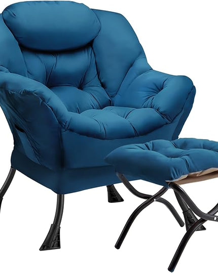 Lazy Chair with Folding Ottoman Modern Large Accent Chair,Contemporary Lounge Leisure Sofa Chair with Armrests Upholstered Sofa Armchair Reading Chair for Bedroom,Dorm & Office,Blue - LeafyLoom