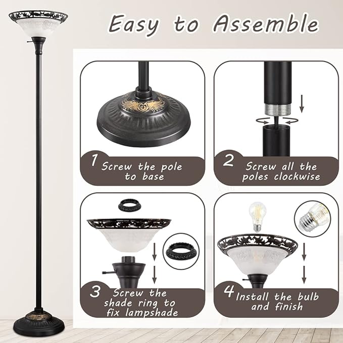 Luvkczc Victorian Floor Lamp, 70" Elegant Standing Lamp with Etched Glass Shade, Metal Body & Heavy Base, Vintage Tall Corner Lamp for bedroom, Living Room, Den, Office. No Bulbs (1 Head) - LeafyLoom