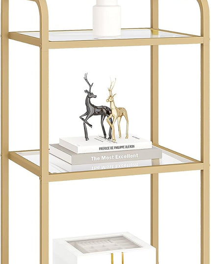 Bookcase Bookshelf, Tempered Glass Bookshelves, Slim Shelving Unit for Bedroom, Bathroom, Home Office, Steel Frame, 3 Tier Gold BC10301G - LeafyLoom