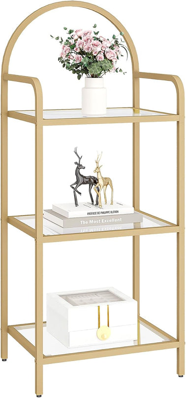 Bookcase Bookshelf, Tempered Glass Bookshelves, Slim Shelving Unit for Bedroom, Bathroom, Home Office, Steel Frame, 3 Tier Gold BC10301G - LeafyLoom