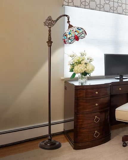 Capulina Tiffany Floor Lamp Fine Sky Dragonfly Style Stained Glass Arched Gooseneck Adjustable Angle Floor Lamp for Living Room Bedroom Home Office - LeafyLoom