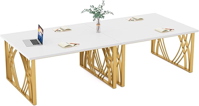 55’’ Large Modern Computer Desk, White & Gold Luxury Laptop PC Student Table, Makeup Vanity Table with Thick Frame & Strong Legs, Sturdy Writing Workstation for Home & Office - LeafyLoom