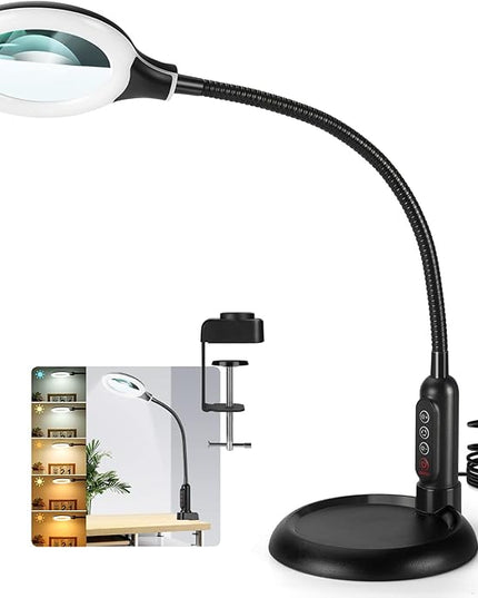 2-in-1 Magnifying Glass with Light and Stand, 5 Lighting Modes Stepless Dimmable LED Magnifying Clamp Lamp, 8X Desk Lighted Magnifier Hands Free for Craft Close Work Mini Painting Hobby, Black - LeafyLoom