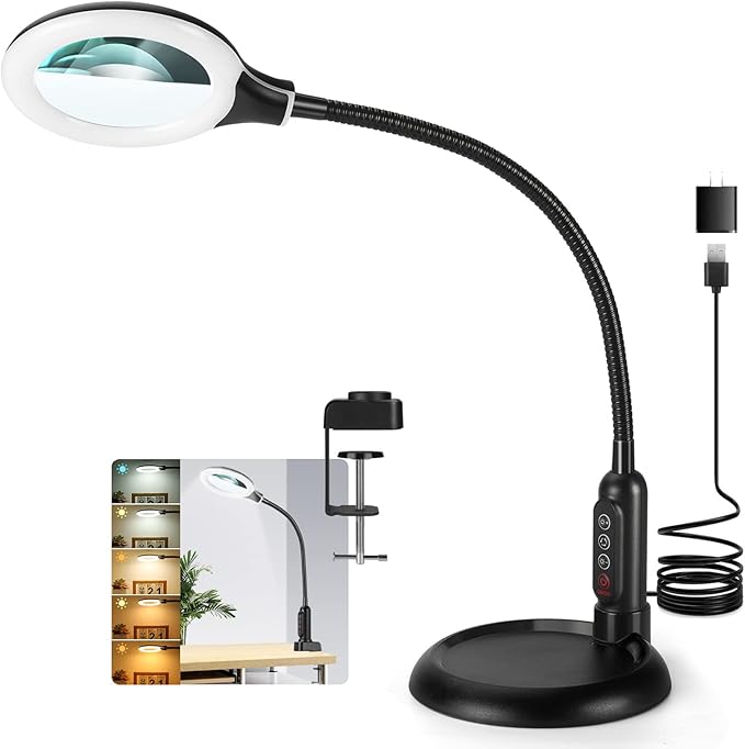 2-in-1 Magnifying Glass with Light and Stand, 5 Lighting Modes Stepless Dimmable LED Magnifying Clamp Lamp, 8X Desk Lighted Magnifier Hands Free for Craft Close Work Mini Painting Hobby, Black - LeafyLoom