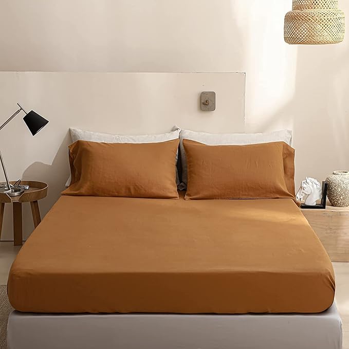 Simple&Opulence 100% Linen Sheet Set Solid Color-4 Pc Washed French Linen Bed Sheets Breathable Bedding Set-1 Flat Sheet,1 Fitted Sheet,2 Pillowcases (Full, Basic Rust) - LeafyLoom