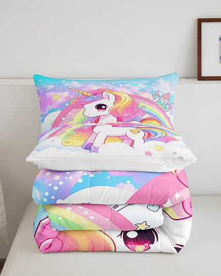 Manfei Cute Unicorn Kids Comforter Set Twin Size,Rainbow Stars Cloud Dreamy Bedding Set,Girls Women Room Decor,Cartoon Animals Castle Girly Down Comforter,Pink Blue Unique Duvet Insert,1 Pillowcase - LeafyLoom
