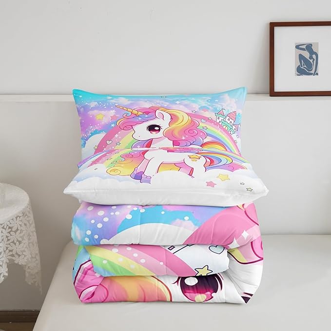 Manfei Cute Unicorn Kids Comforter Set Twin Size,Rainbow Stars Cloud Dreamy Bedding Set,Girls Women Room Decor,Cartoon Animals Castle Girly Down Comforter,Pink Blue Unique Duvet Insert,1 Pillowcase - LeafyLoom