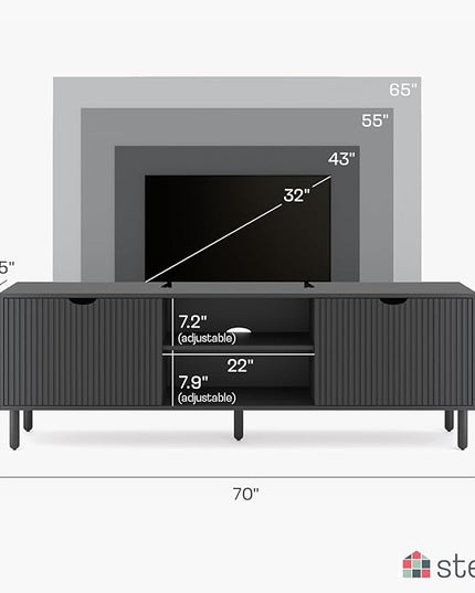 Contemporary Fluted TV Stand - Media Console - 70 Inch Entertainment Center with Storage - Console Table for Living Room and Bedrooms - Supports 32 to 80" TVs - Soft-Close Cabinet Doors (Black) - LeafyLoom