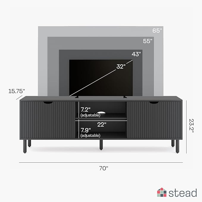 Contemporary Fluted TV Stand - Media Console - 70 Inch Entertainment Center with Storage - Console Table for Living Room and Bedrooms - Supports 32 to 80" TVs - Soft-Close Cabinet Doors (Black) - LeafyLoom