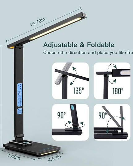 LED Desk Lamp with Wireless Charger, USB Charging Port, Sliding Dimmable Auto Timer Table Lamp with Night Light, Desk Lights with Clock for Study Reading Home Office - LeafyLoom