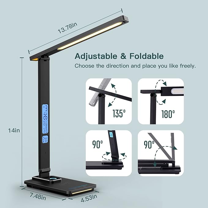 LED Desk Lamp with Wireless Charger, USB Charging Port, Sliding Dimmable Auto Timer Table Lamp with Night Light, Desk Lights with Clock for Study Reading Home Office - LeafyLoom