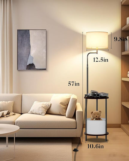 Lightdot 57IN Floor Lamp with Shelves, Mid Century Modern Standing Lamps with Bulb and Storage Bag Included, Black Pole End Table with Lamp Attached for Living Room Bedroom - LeafyLoom