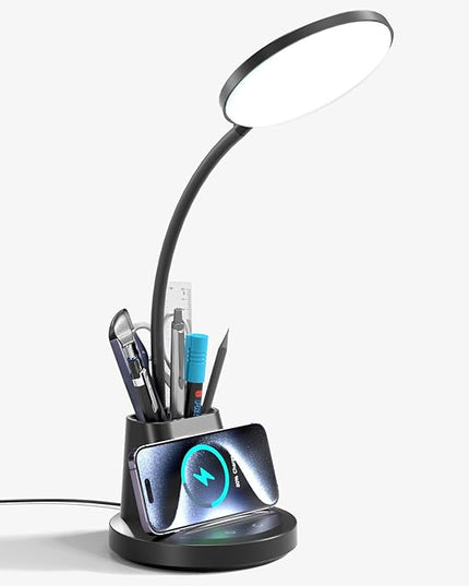 comzler LED Desk Lamp with Wireless Charger Pen Phone Holder, Black Desk Lamp for Home Office, Dimmable Desk Light 3 Color Modes, College Dorm Study Lamp for College Dorm, CRI 90 800 Lumen - LeafyLoom