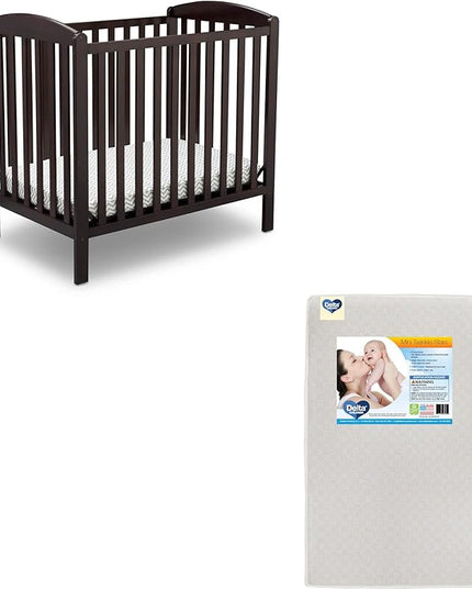 Delta Children Emery Mini Convertible Baby Crib & Twinkle Stars 3-Inch Waterproof Mini Crib Mattress, Dark Chocolate - LeafyLoom
