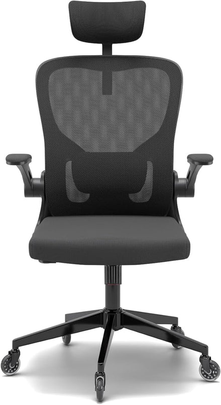 Black Office Chair, Ergonomic Office Chair, Home Office Desk Chair for Big and Tall People, Computer Chair with Adjustable Headrest, Lumbar Support, Flip-Up Arms, PU Wheels - LeafyLoom