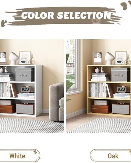 Basic Open Shelf Bookcase - 3-Tier Wooden Cube Storage Shelves Split Bookshelf, Oak - LeafyLoom