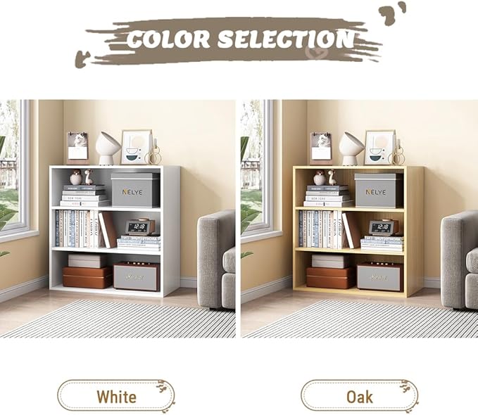 Basic Open Shelf Bookcase - 3-Tier Wooden Cube Storage Shelves Split Bookshelf, Oak - LeafyLoom