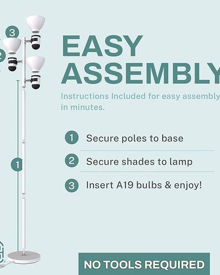 3 Light Floor Lamp Adjustable Standing Lamp for Living Room, Bedroom and Office, 60W Bright Spotlight Lighting - Rotating Swivel Corner Light for Reading, Modern Tree Lamps (White) - LeafyLoom